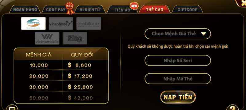 Nạp tiền qua thẻ cào